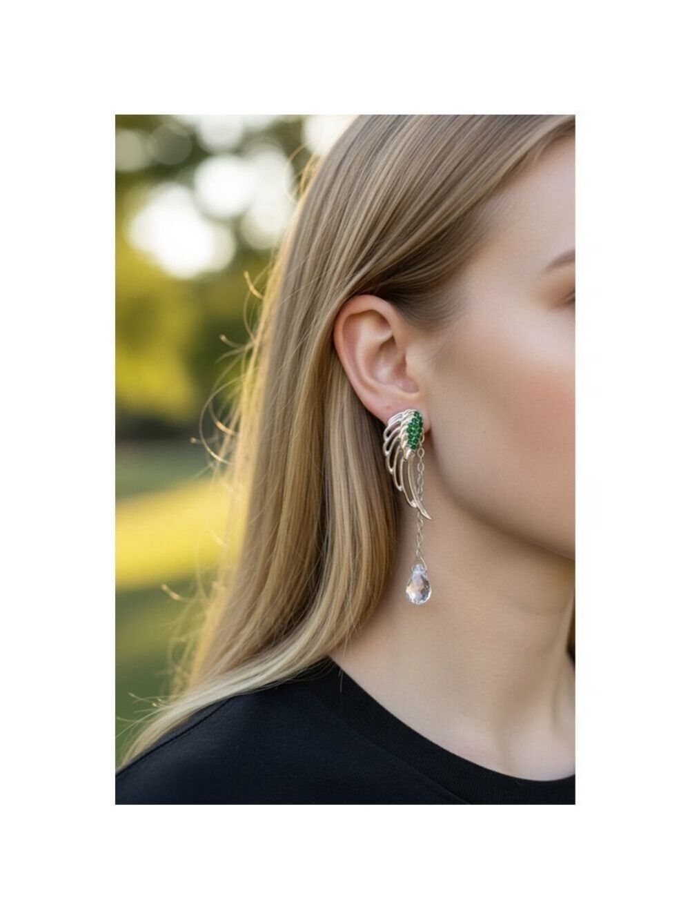 Silver & Green Wing Drop Earrings